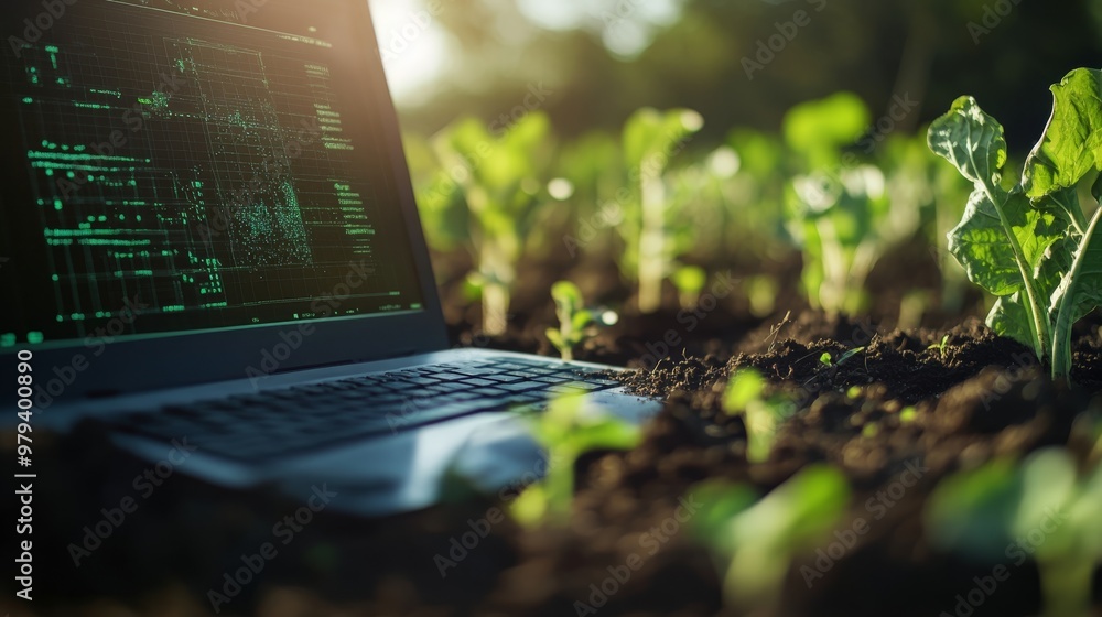 Poster close-up of machine learning software on a computer, analyzing soil data in real-time, with crops in