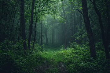 Dramatic, scary dark forest with green bushes.