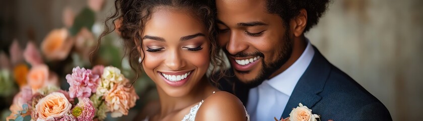 Smiling bride and groom holding flowers, soft lighting, joyful and intimate moment