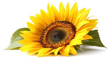 Fototapeta premium A sunflower head in full bloom, placed against a white backdropThe texture of the petals and seeds is sharply focused, perfect for nature-inspired designs