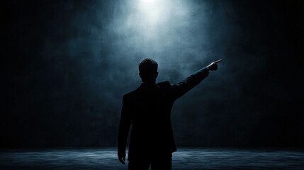 Silhouette of Man Pointing to Light in Dark Room