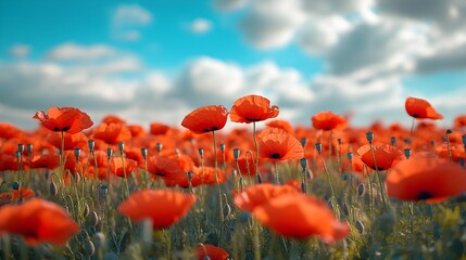 Obraz premium A vibrant field of red poppies gently swaying under a crisp blue sky, capturing the essence of springEach flower moves in harmony with the wind