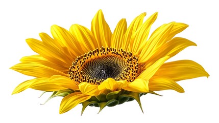 Naklejka premium A vibrant sunflower in full bloom, set against a pure white backgroundThe intricate details of the yellow petals and the textured dark center highlight its natural beauty