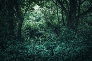 Obraz premium Dramatic, scary dark forest with green bushes.