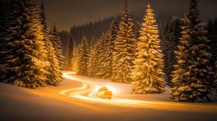 The large semi-truck navigates a snow-covered road in the forest, its lights illuminating the wintry surroundings and casting shadows on the trees