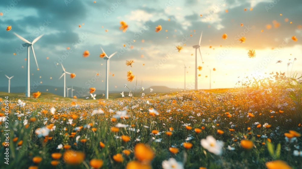 Canvas Prints Wind Turbines in a Field of Flowers