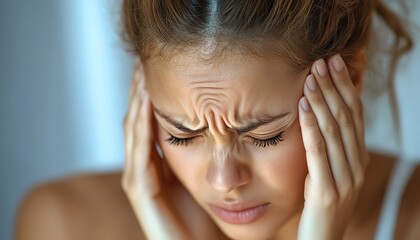 Naklejka premium Woman with a headache, hands on temples, pained expression, light background