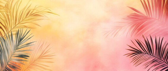 Tropical Plants on a Colorful Background with Palm Leaves, Summer Concept Banner with Copy Space -- AI generated illustration