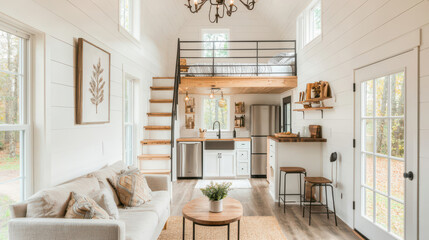 Fototapeta premium Cozy interior of a modern tiny house featuring a chic living space, kitchen area, and staircase, showcasing contemporary design.