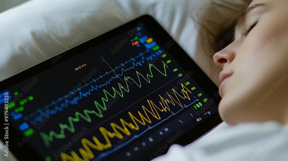 Aufkleber monitoring sleep-wake cycle with digital tablet graph in medical setting