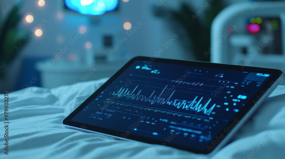 Poster monitoring sleep-wake cycle with medical tablet graph display