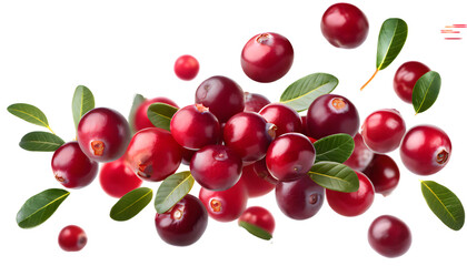levitating cranberries on a white isolated background. Generative AI.