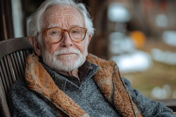 Senior Citizen Relaxing on a Rocking Chair on Porch Overlooking Blurred Cornfield