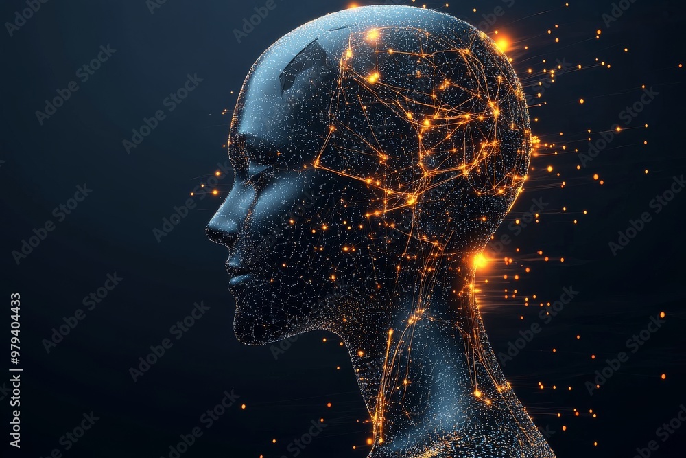 Aufkleber human head illuminated with glowing orange neural pathways symbolizing futuristic brain activity art