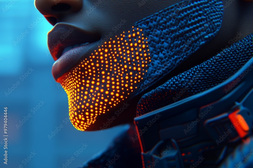 Poster close up of a mans face with glowing dots symbolizing digital integration facial recognition technol