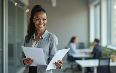 Happy young African American woman standing in office with document in hand, Mastering the Art of Office Presentations, Effective Document Handling in Professional Settings