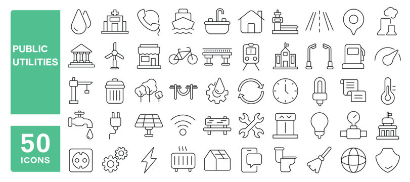 Set of 50 line icons related to public utilities, services, communal, housing, consumer, water, fuel, electricity, solar, maintenance, Editable stroke. Vector illustration