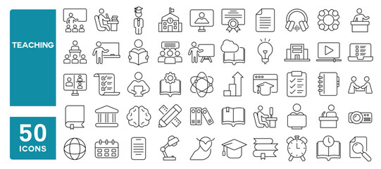 Set of 50 line icons related to teaching, teacher, professor, mentor, lesson, class, school, instruction, cap, university, education, study, Editable stroke. Vector illustration