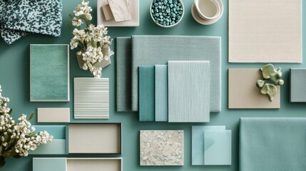 Greenish flat lay composition in teal, light green color palette with textile and paint samples, lamella panels and tiles. Architect and interior designer moodboard. Top view. Copy space. Template