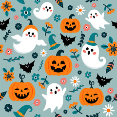 Happy Halloween party seamless pattern with cute ghosts, creepy pumpkin, bats, flowers and fancy hat.