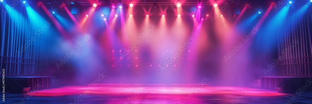 Poster an empty stage illuminated by spotlights, awaiting a vibrant performance with bright lights and effe