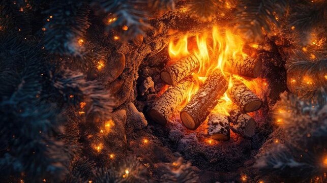 A warm campfire glowing amidst darkness, creating a cozy atmosphere with flickering flames and glowing embers.