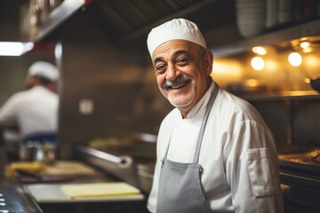 Fototapeta premium Smiling portrait of a senior male chef in professional kitchen