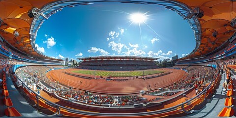 An immersive 360-degree panorama of a track and field stadium during a world-class athletics meet, with sprinters exploding