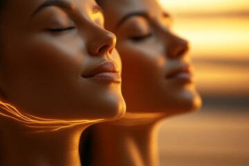 Close up of two women facing each other with glowing golden skin symbolizing unity peace and the spiritual connection between individuals in a serene atmosphere