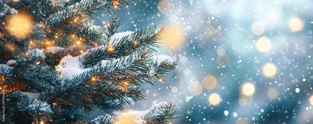 Poster a serene winter scene featuring a snow-covered pine branch with soft bokeh lights shining in the bac