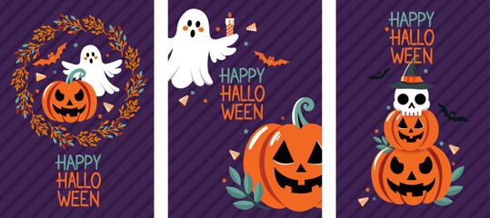 Happy Halloween banners set. For kids party, invitation, banner, cover, postcards, printing and social media post. Background with ghosts, bats and pumpkins in flat design.