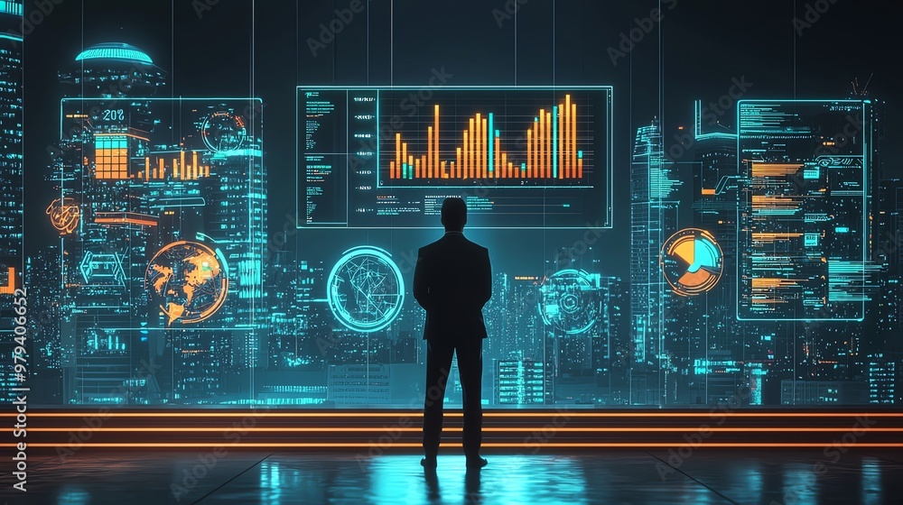 Poster A businessman observes digital charts and projections, representing data analysis and financial growth in a modern workspace.