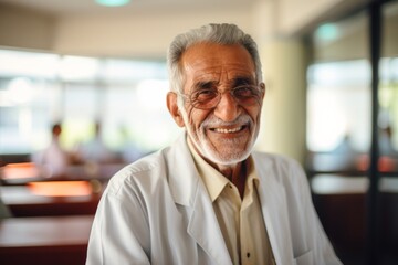 Fototapeta premium Smiling portrait of a happy senior Mexican man in nursing home