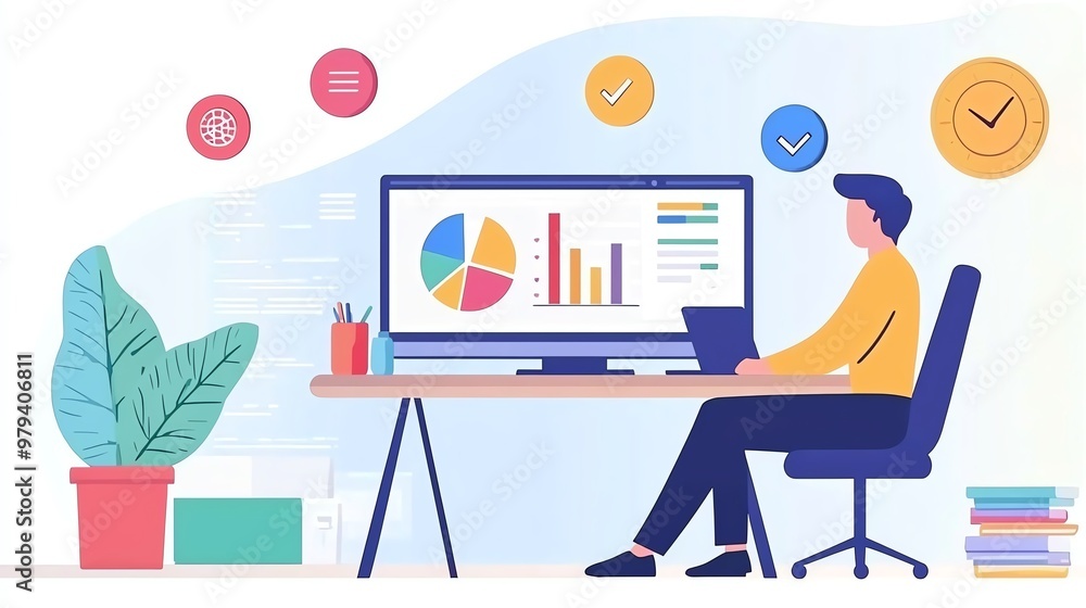 Poster a person analyzing data on a computer with charts, graphs, and a plant on the desk, showcasing a mod