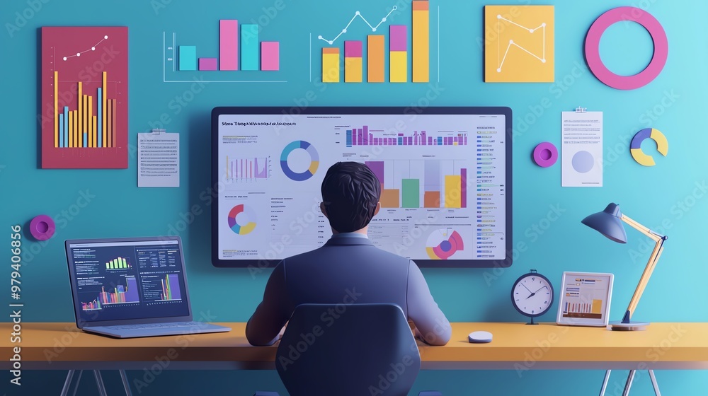 Aufkleber a professional analyzing colorful data visualizations on a large screen in a modern workspace, showc