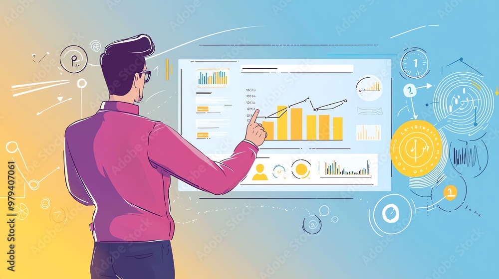Aufkleber a professional analyzing data trends on a digital screen, showcasing graphs and statistics in a vibr