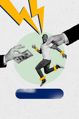 Vertical poster collage young man money finance banknote cash hundred dollars hands hold...