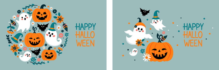 Happy Halloween banners set. For kids party, invitation, banner, cover, postcards, printing and social media post. Background with ghosts, bats and pumpkins in flat design.
