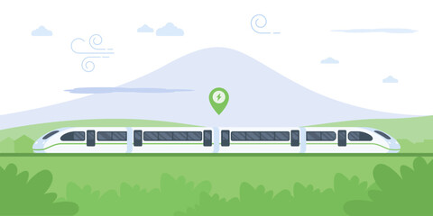 High-speed train speeds through a scenic landscape, passing a majestic mountain range. The train's sleek design and electric charge symbol represent modern technology and sustainability. © Hussein