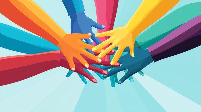 Colorful hands unite in a circle, symbolizing diversity, collaboration, and teamwork in a vibrant and dynamic way.