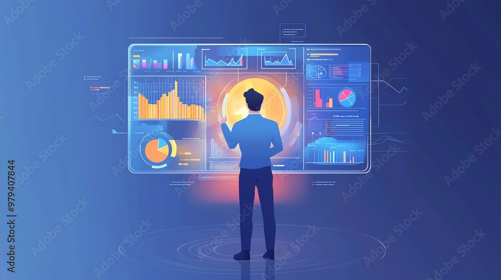 Aufkleber a business professional analyzes data on a futuristic touchscreen interface, showcasing graphs and c