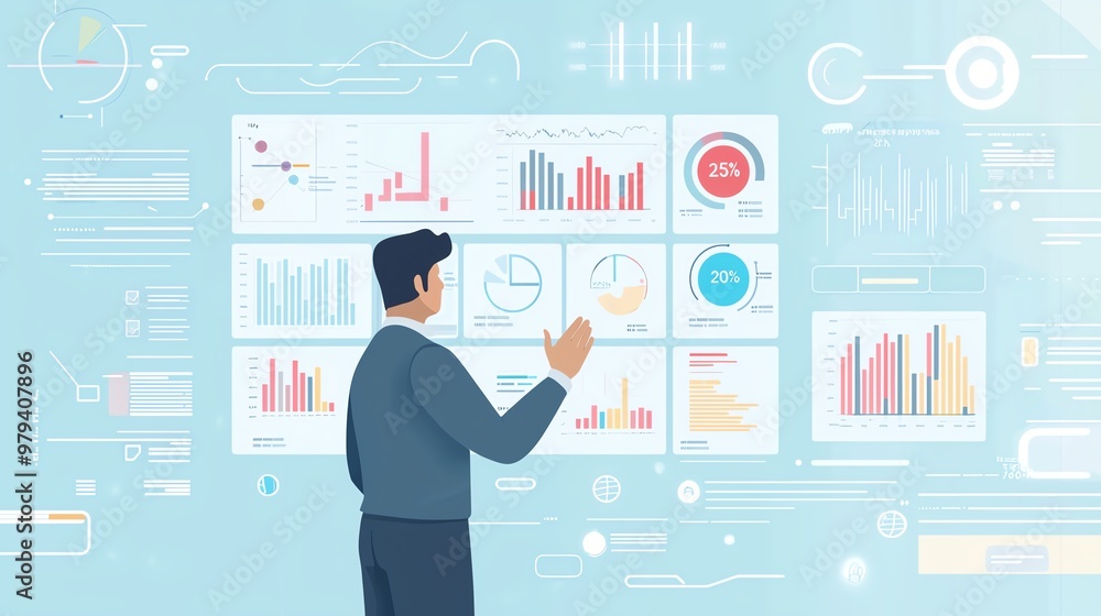 Poster a business professional analyzing data on digital screens, showcasing graphs and charts for strategi
