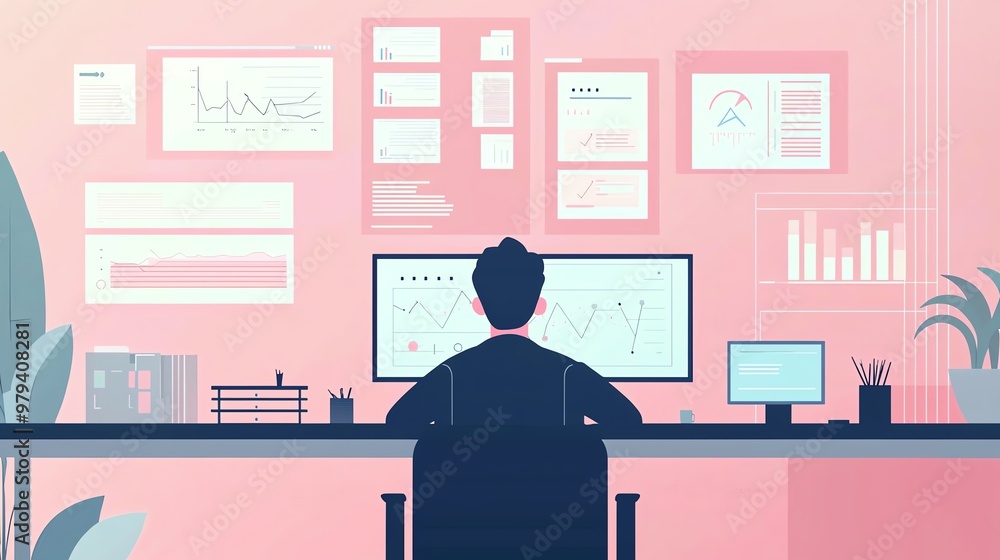 Poster a digital workspace featuring a person analyzing data on multiple screens in a modern, pastel-colore
