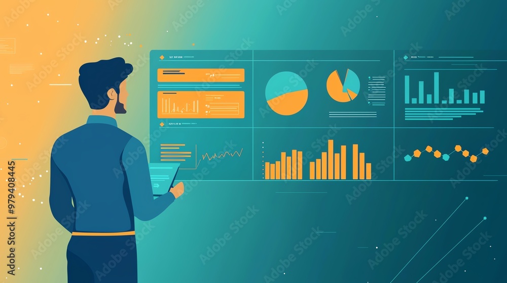 Poster a man analyzes digital data on a modern interface, showcasing graphs, charts, and statistics in a vi