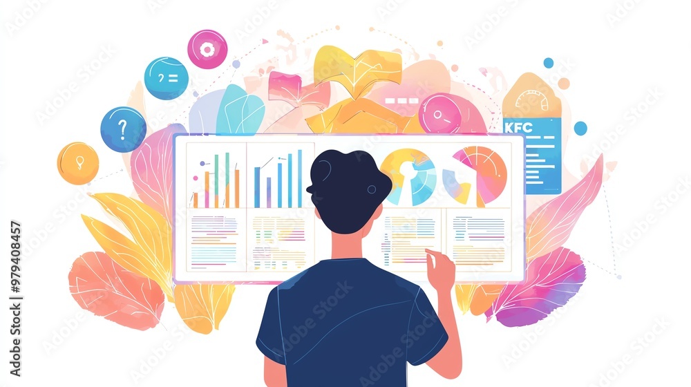 Poster a person analyzes data on a digital screen, surrounded by colorful charts and visuals, reflecting mo