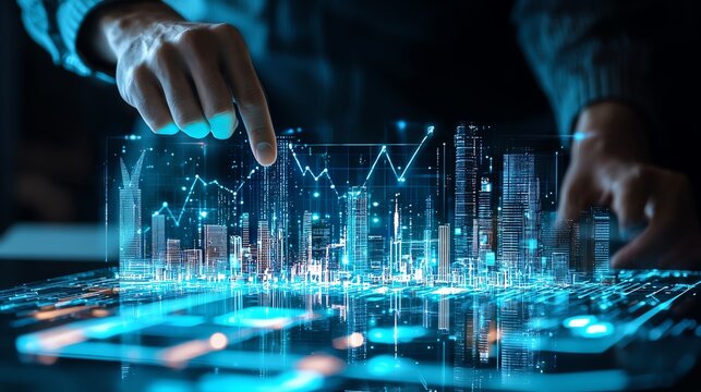A futuristic hand interacting with a digital interface showcasing glowing data visualizations and analytics.