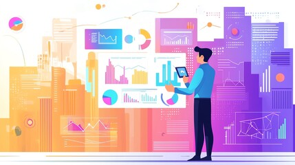 Obraz premium A professional analyzing data on a digital tablet against a colorful cityscape filled with graphs and charts.