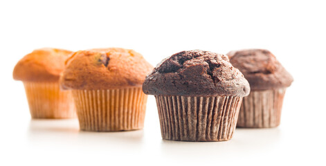 Sweet muffin cakes isolated on white background.