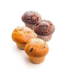 Sweet muffin cakes isolated on white background.