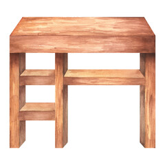 Wooden table with shelves. Furniture clipart. Interior. Hand-drawn watercolor illustration